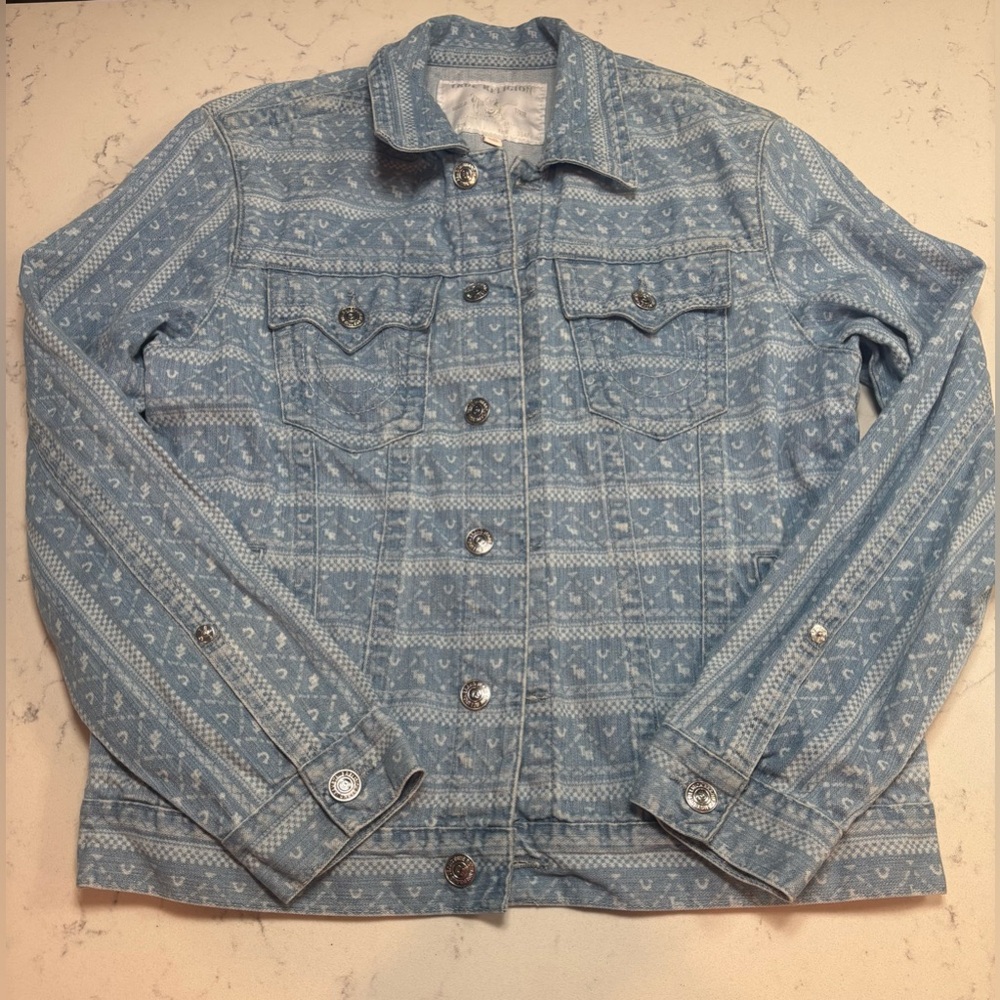 Preloved True Religion Light Blue Patterned Tricker Jean Jacket - Size XL